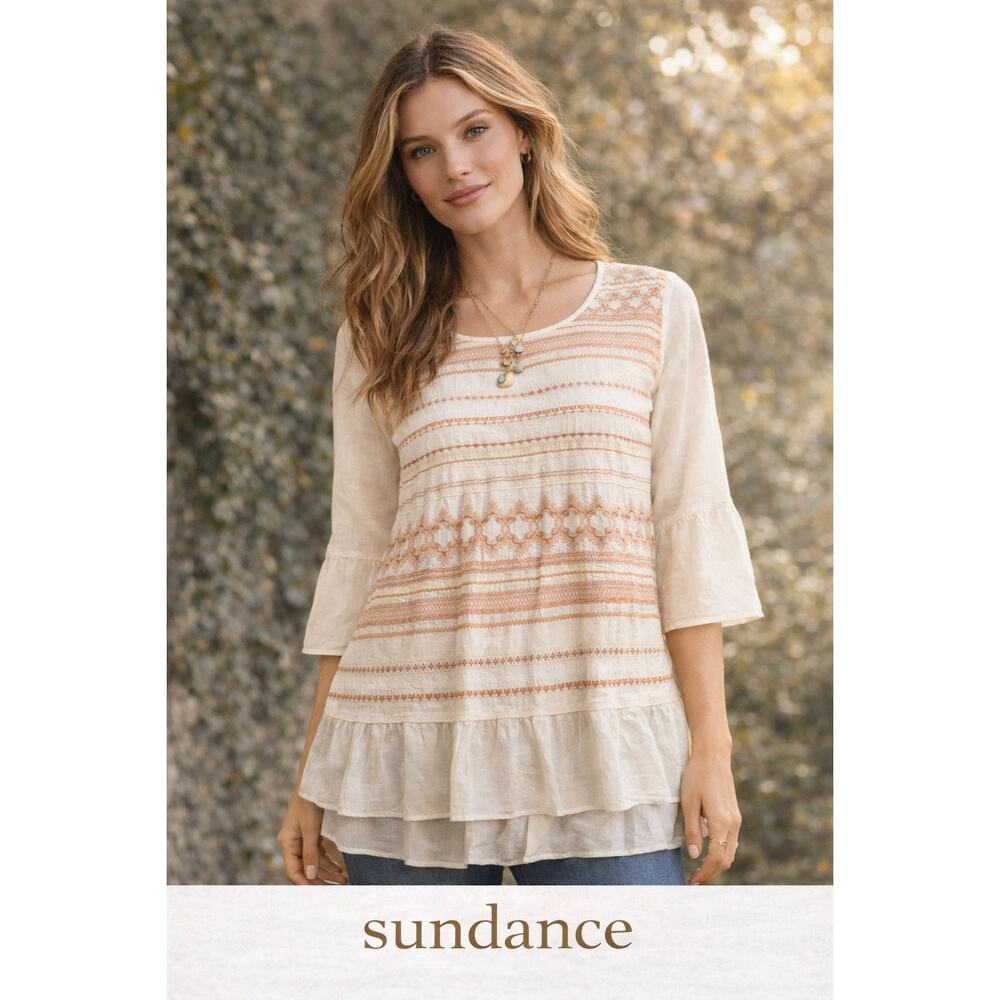 Sundance‎ XS Cream Embroidered Tiered Peasant Tunic Boho Blouse